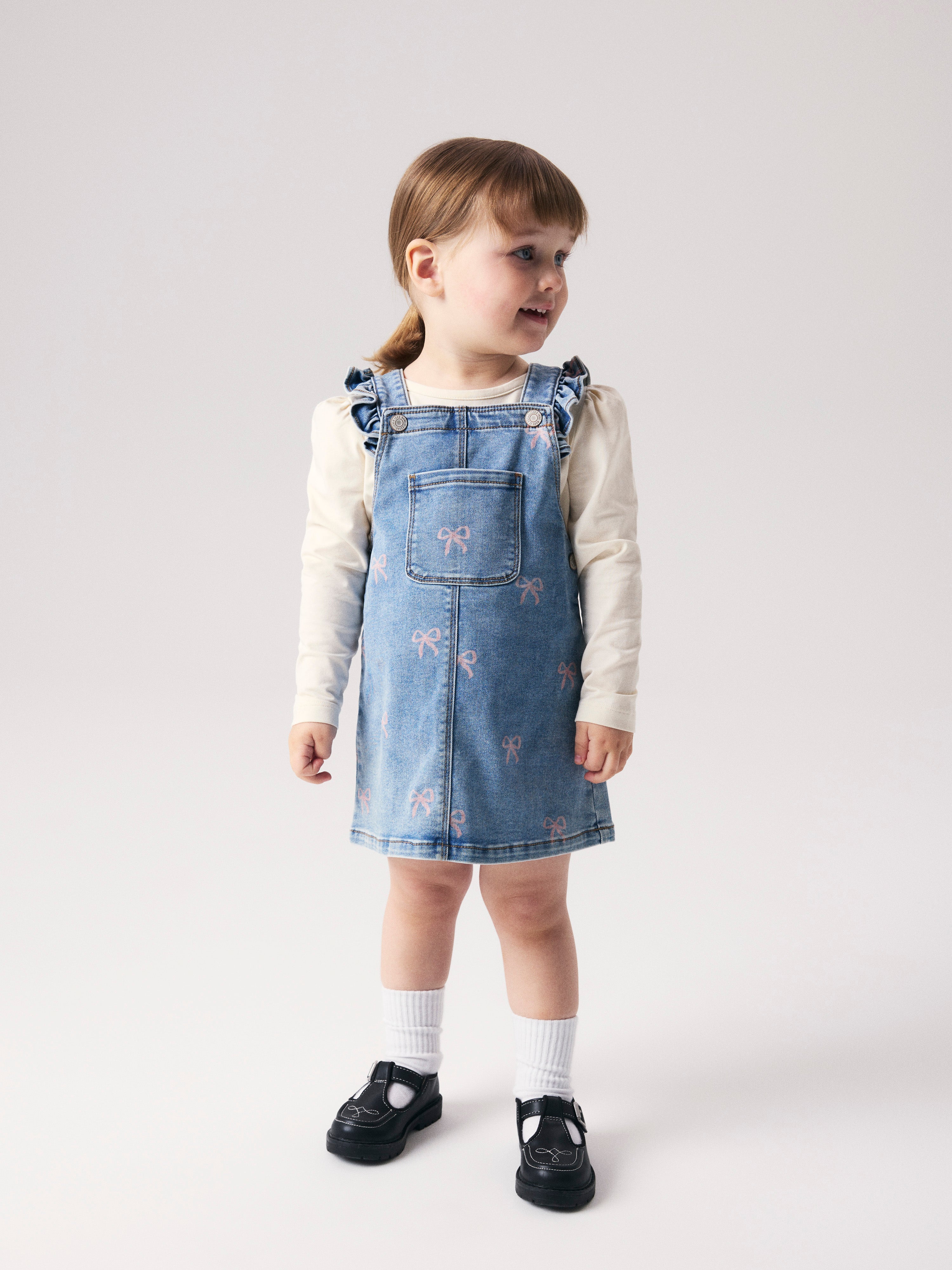 Name It Faith - Denim Spencer Dress - Medium Blue Denim/Bow