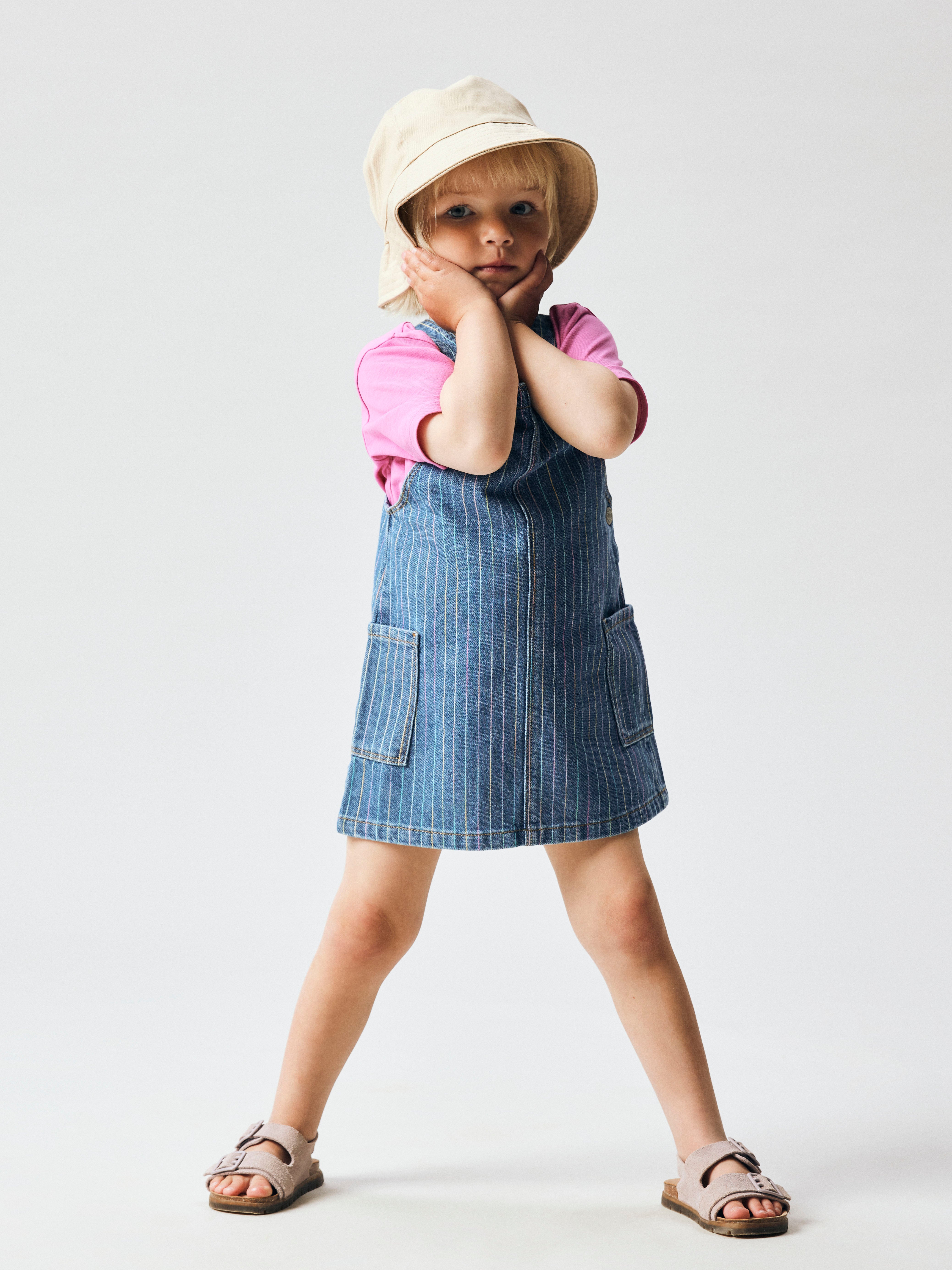 Name It Mille - Stripe Denim Bibskirt - Medium Blue Denim/Stripe