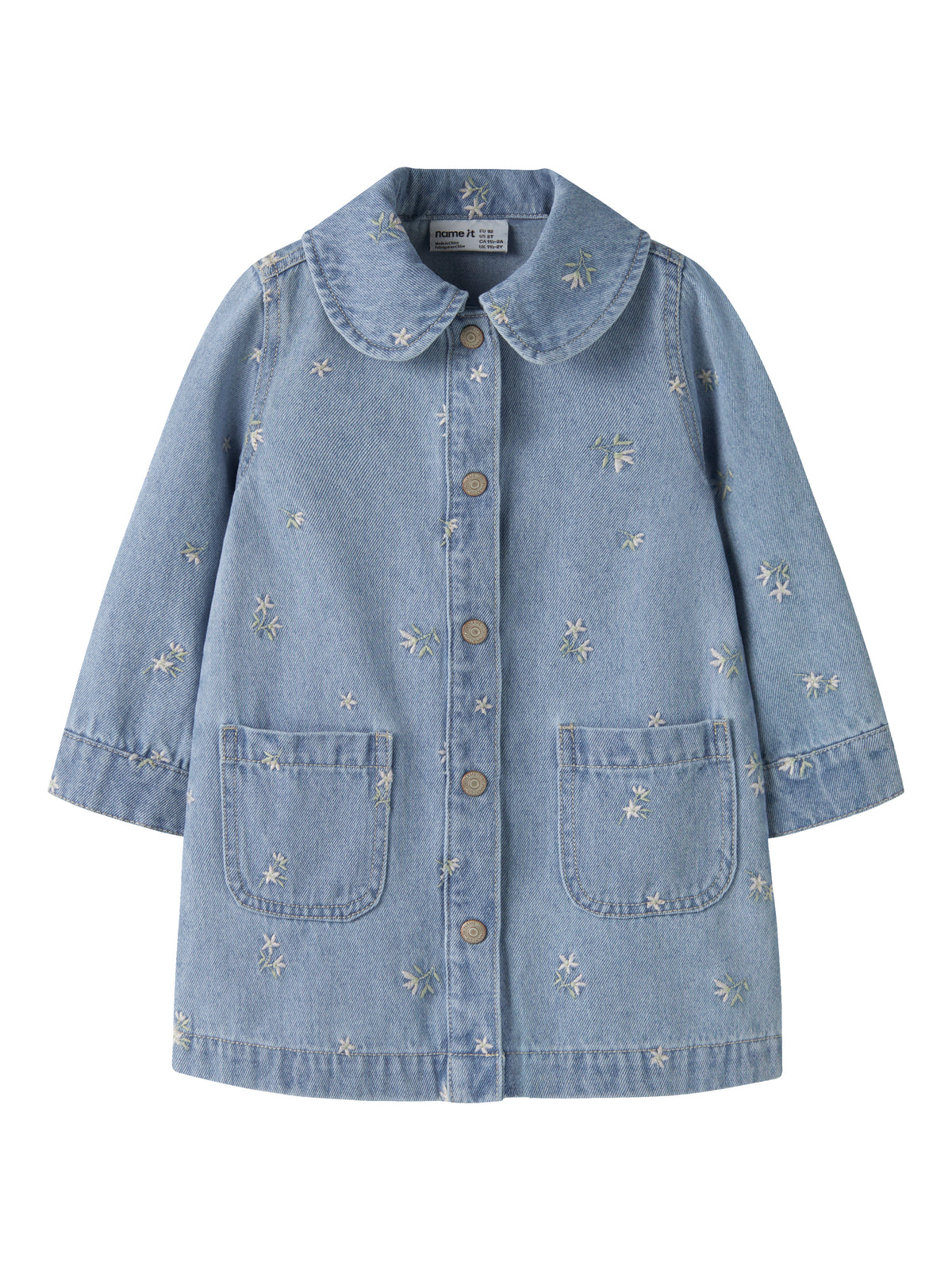 Name It Piper - LS Denim Dress - Light Blue Denim / Flower Emb.