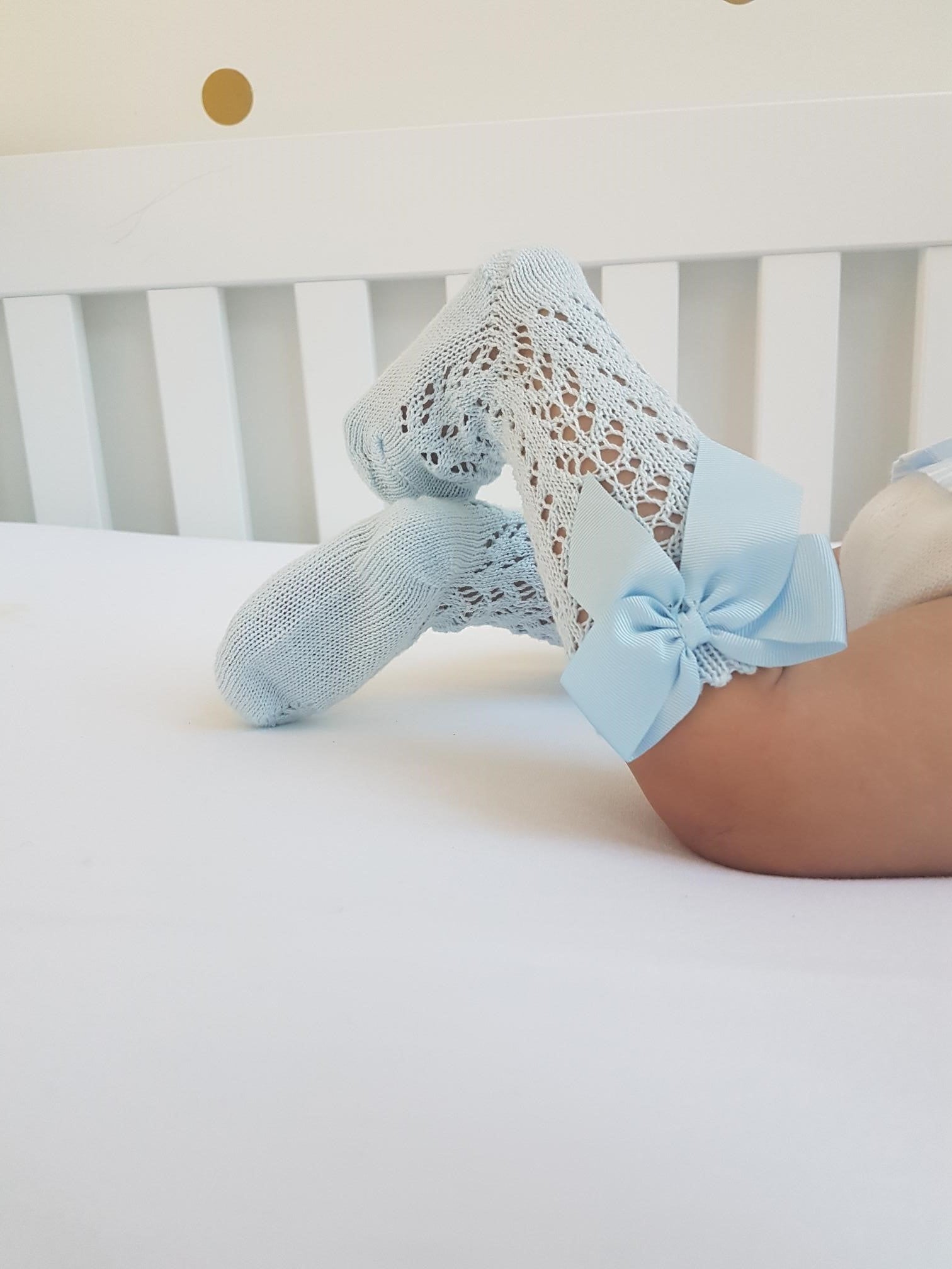 Condor Knæstrømper med Hulmønster & Sløjfe Lyseblå