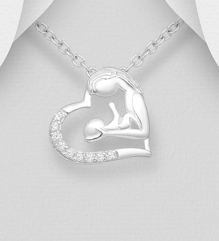 Mor/Baby hjerte sølv med sten - Halskæde Til Mor