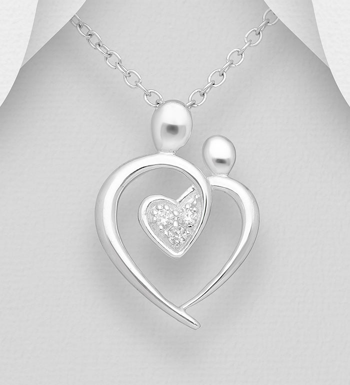 Mor/Barn hjerte sølv med sten - Halskæde Til Mor
