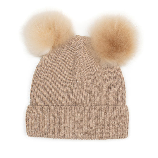 Huttelihut Uld Hue med Alpaca Pompoms - Camel
