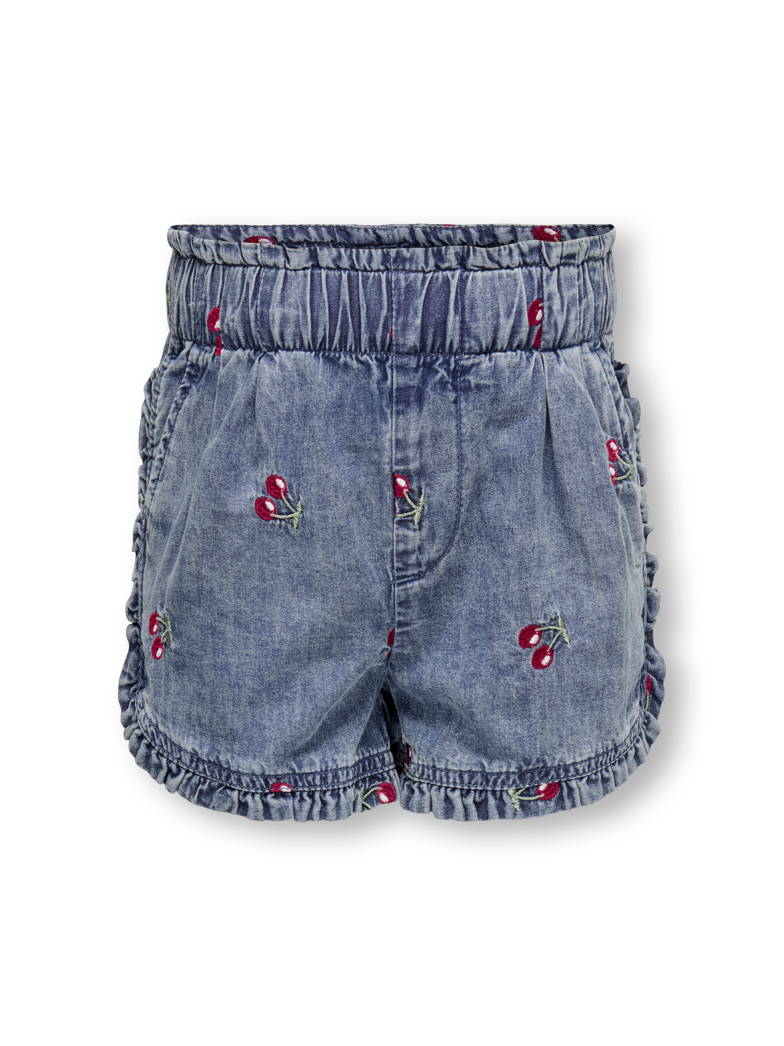 Only Mini Dandy Cherry Frill Denim Shorts - Medium Blue Denim