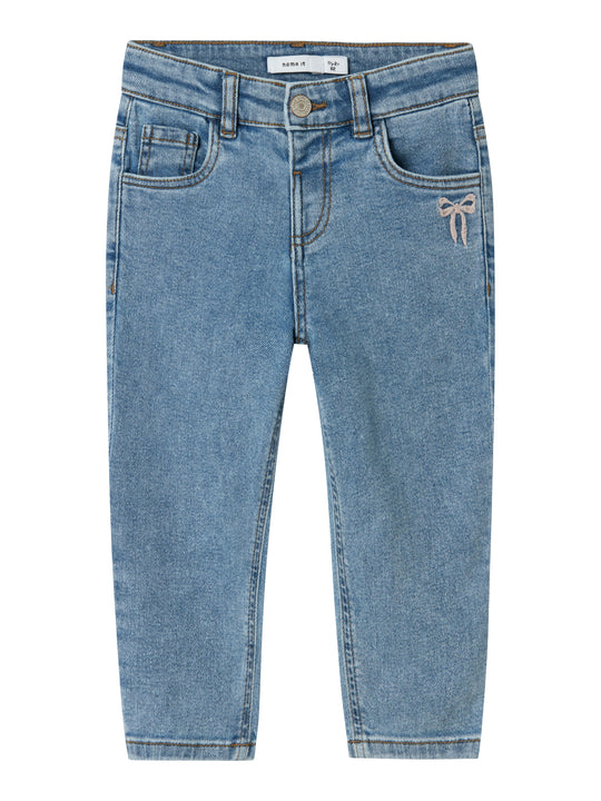 Name It Bella Mom Jeans - Medium Blue Denim/Bow Embroidery