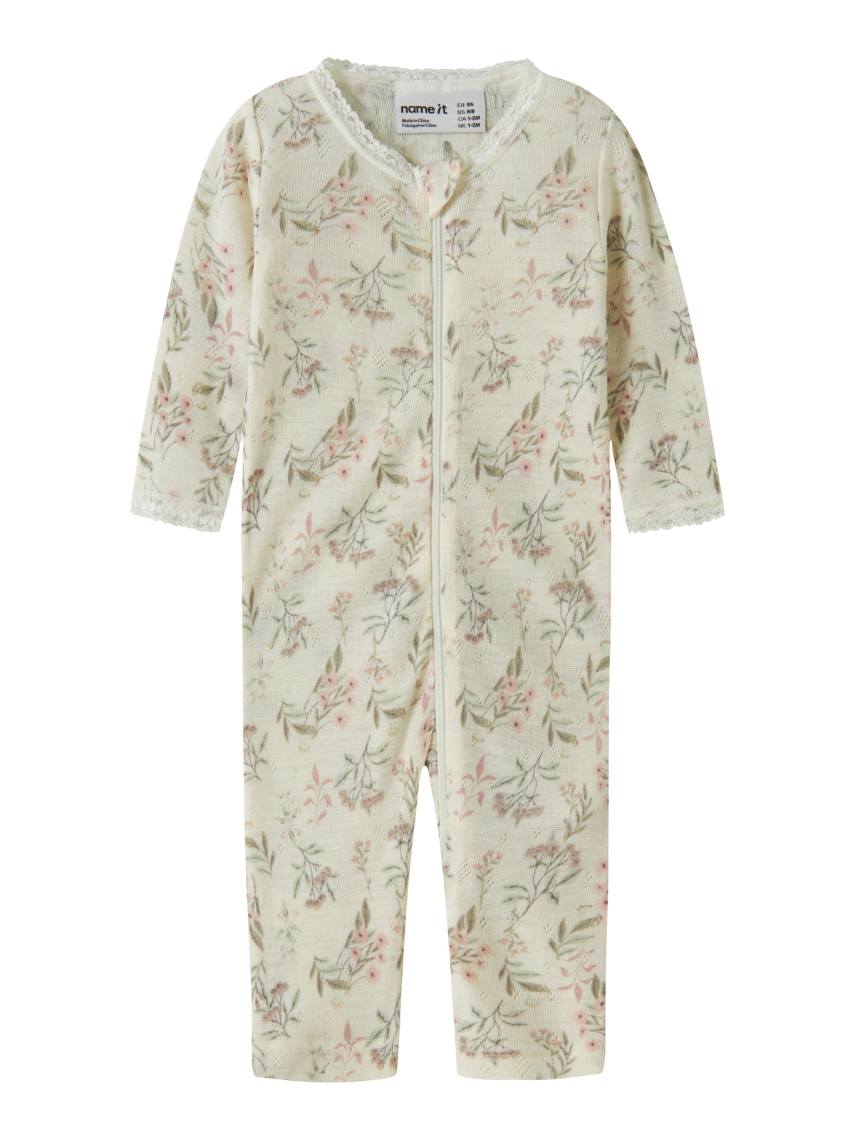 Name It Wang - Wool Needle Nightsuit - Snow White / Flowers + Leafs