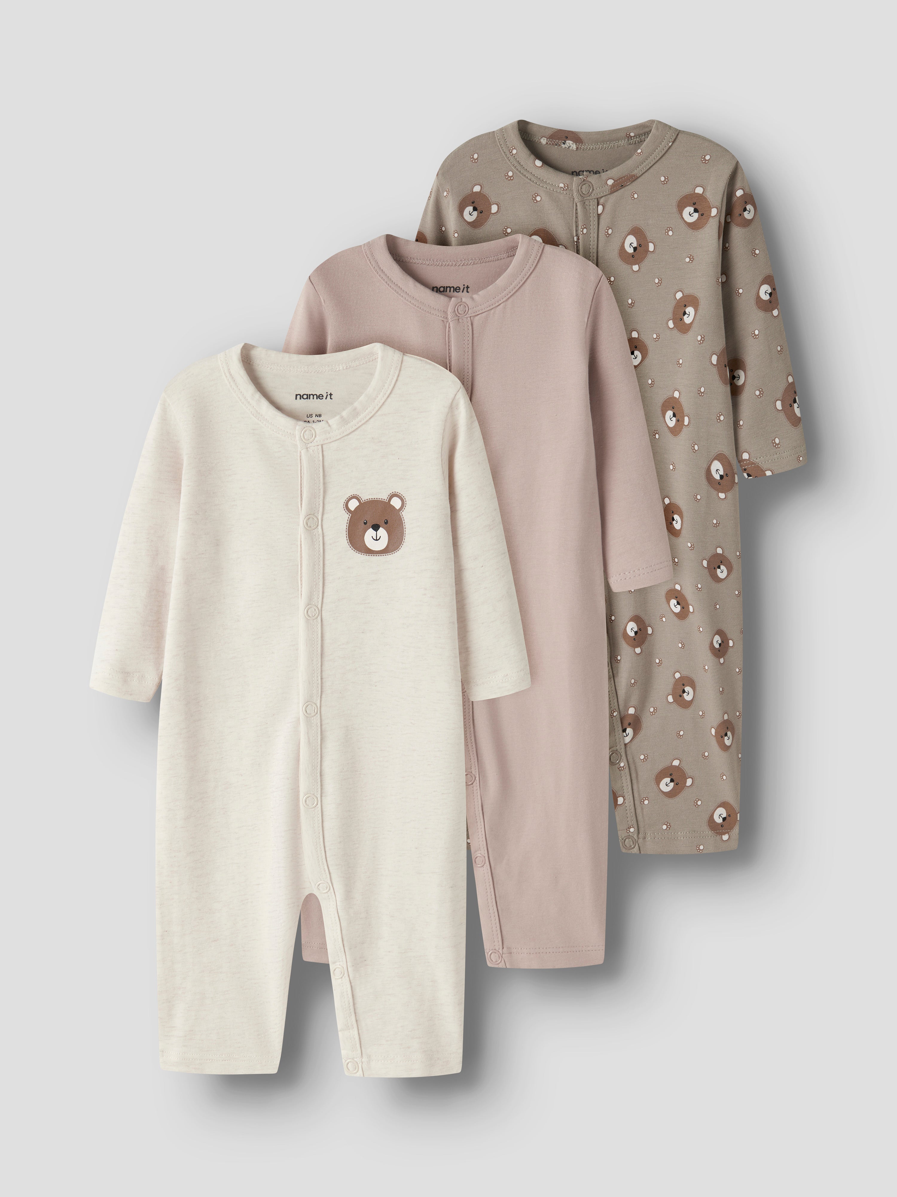 Name It Nightsuit - 3 pak AOP - Khaki Bear AOP + Peyote + Mushroom