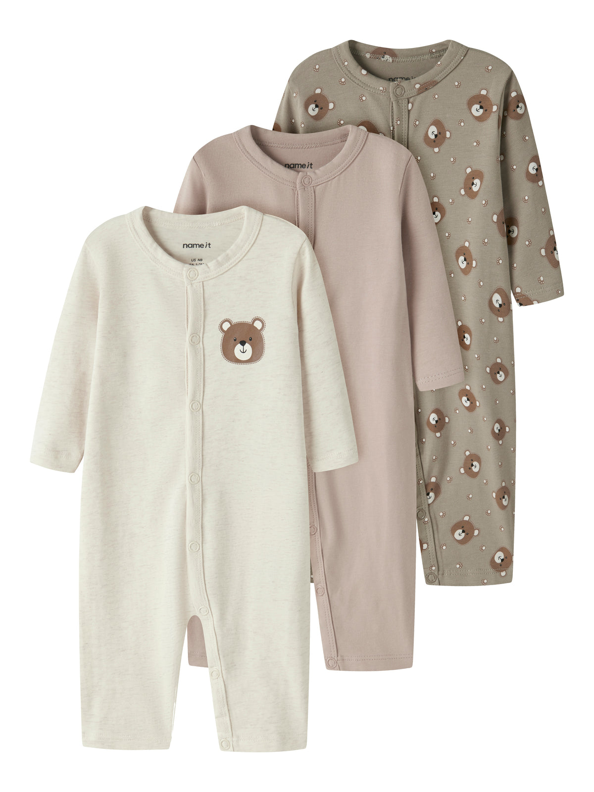 Name It Nightsuit - 3 pak AOP - Khaki Bear AOP + Peyote + Mushroom