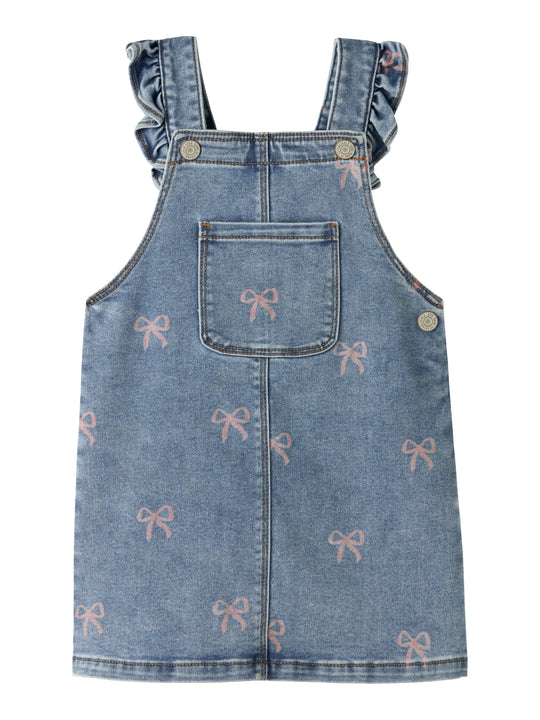 Name It Faith - Denim Spencer Dress -  Medium Blue Denim/Bow