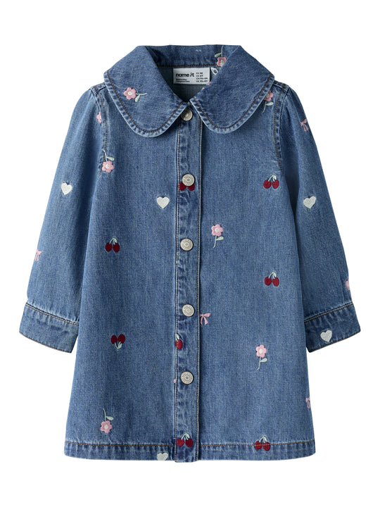Name It Emily - LS EMB Denim Dresss - Medium Blue Denim