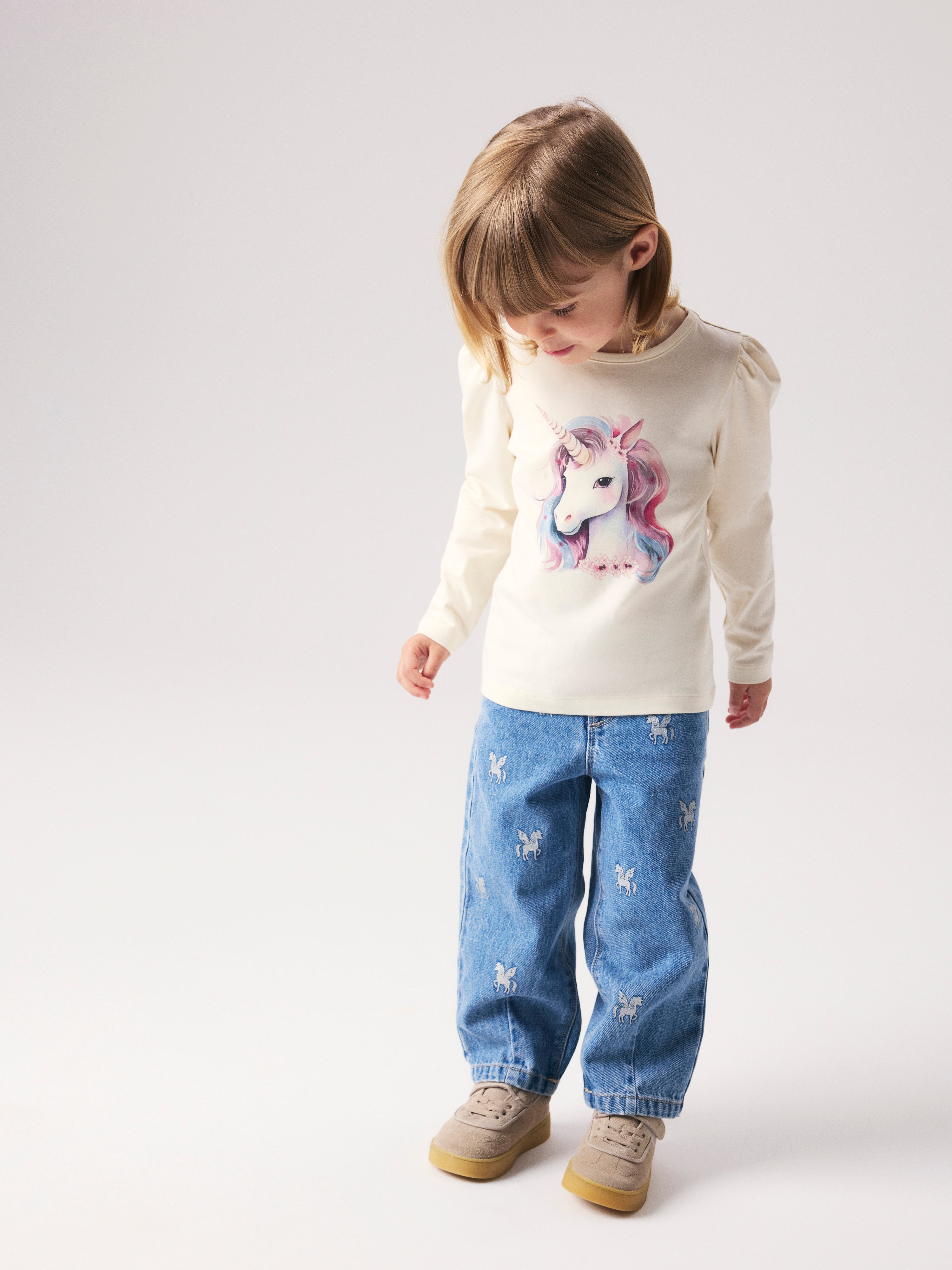 Name It Bella - Barrel Glitter Jeans - Medium Blue Denim/Glitter Unicorn