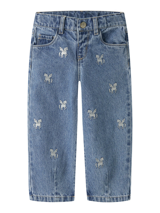 Name It Bella - Barrel Glitter Jeans - Medium Blue Denim/Glitter Unicorn
