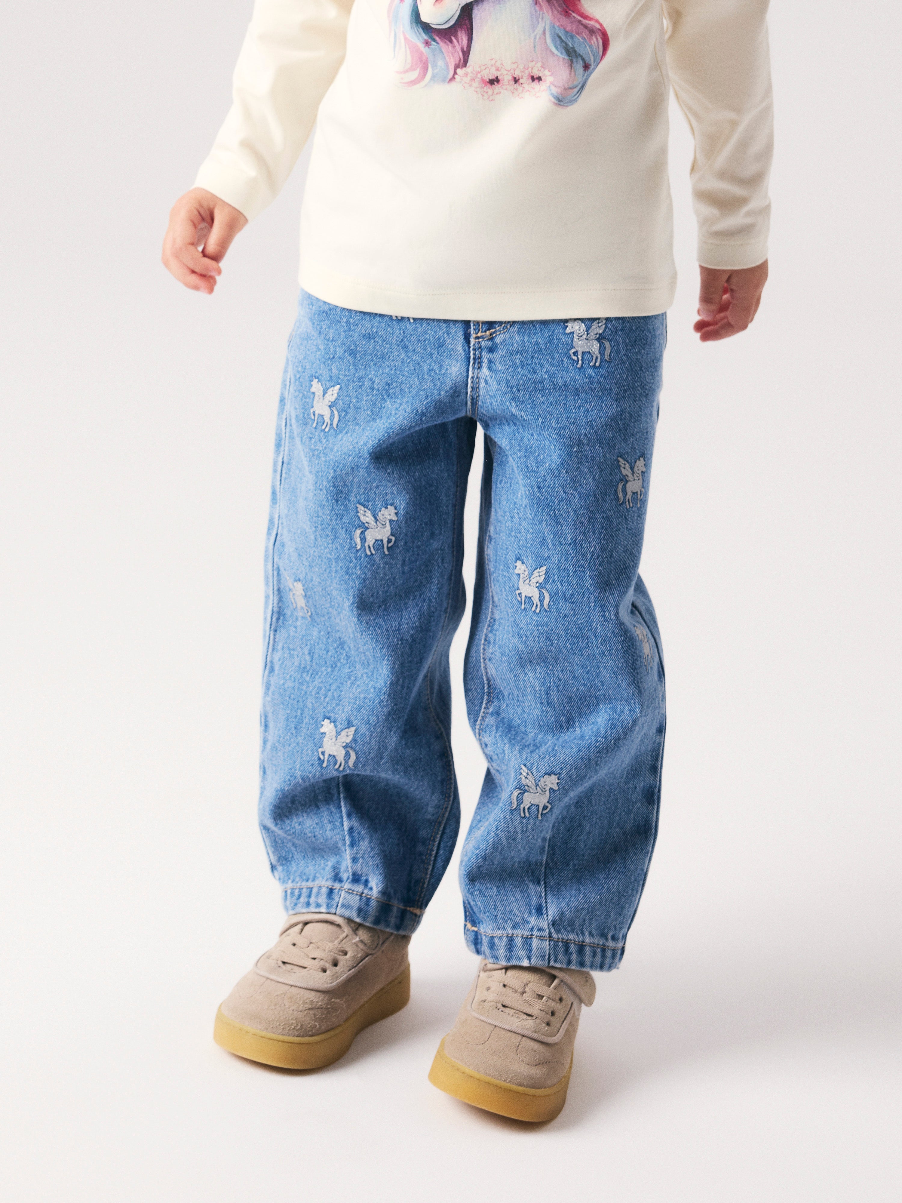 Name It Bella - Barrel Glitter Jeans - Medium Blue Denim/Glitter Unicorn