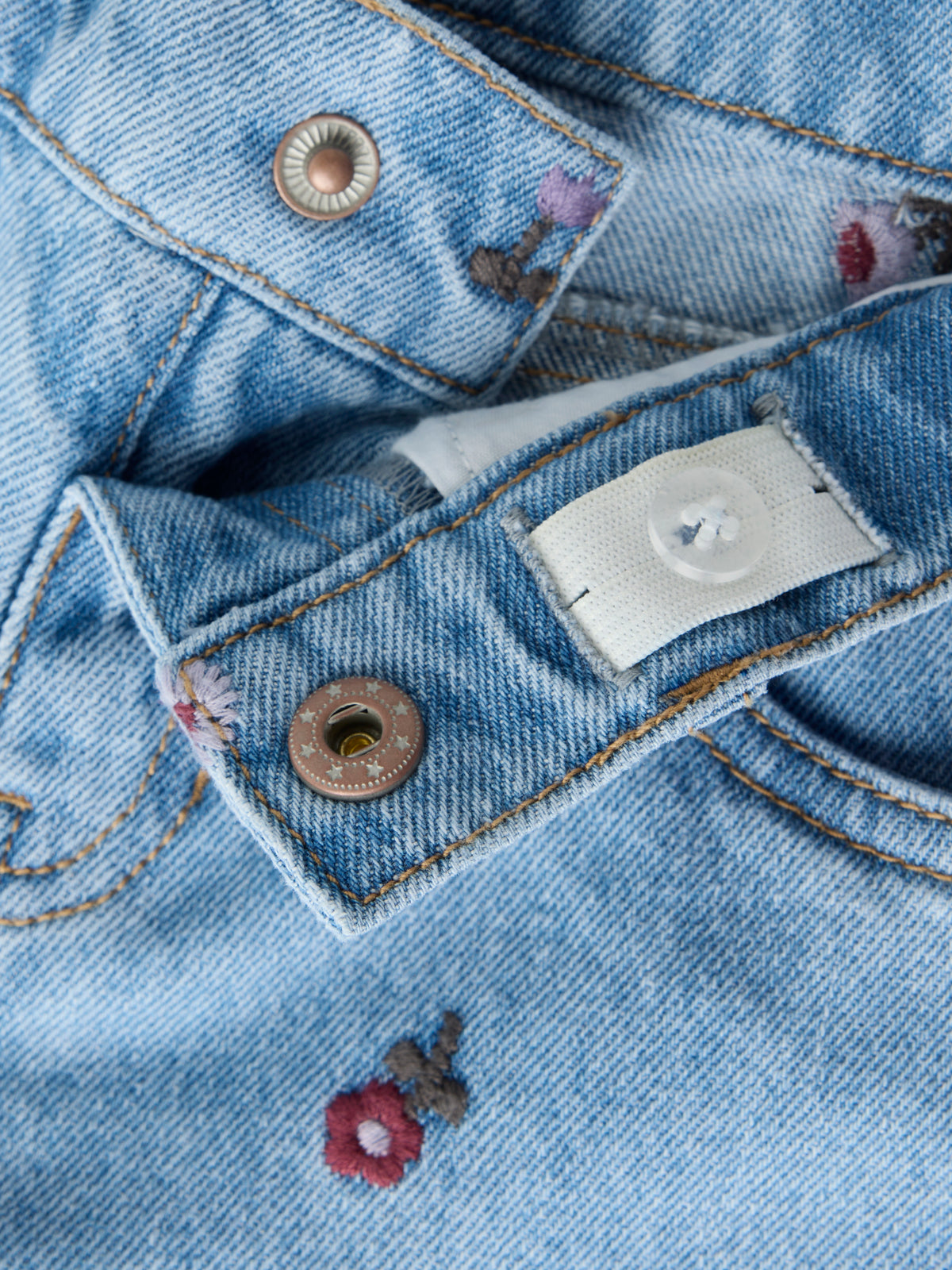 Name It Rose - Wide Emb Jeans - Medium Blue Denim / Flower Emb