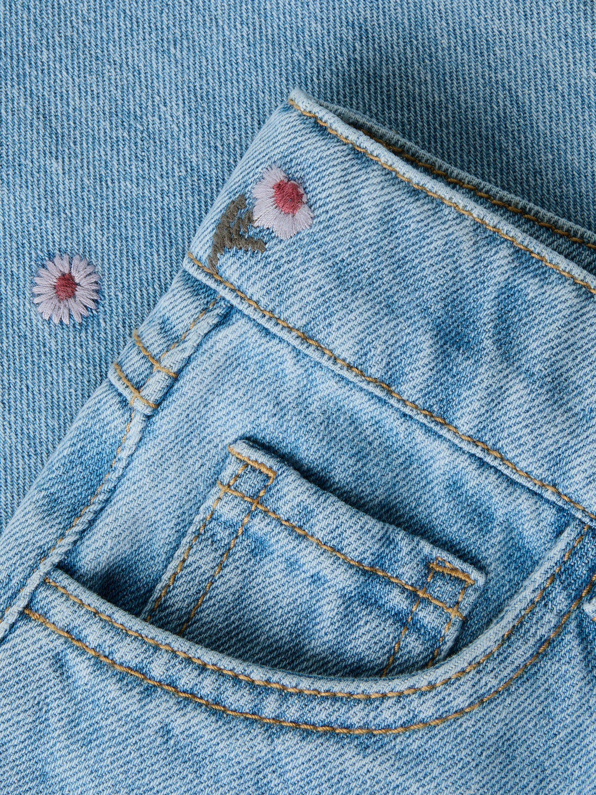 Name It Rose - Wide Emb Jeans - Medium Blue Denim / Flower Emb