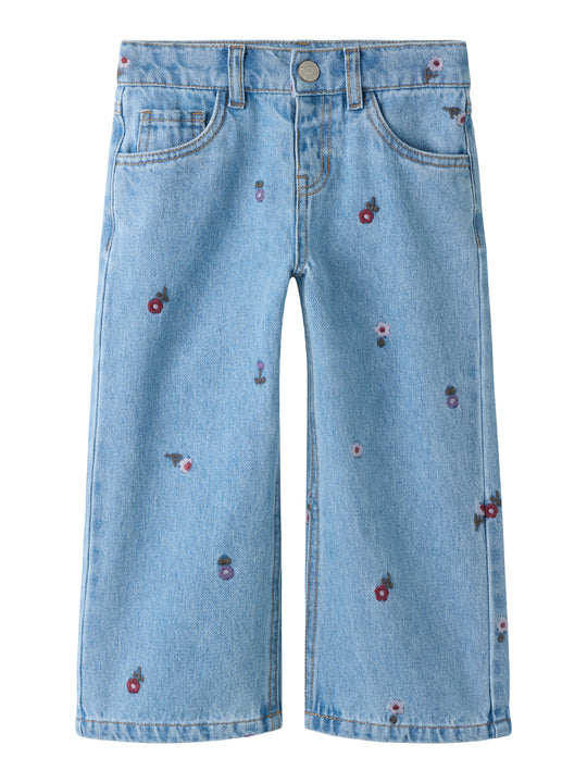 Name It Rose - Wide Emb Jeans - Medium Blue Denim / Flower Emb