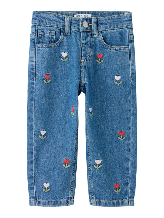 Name It Bella - Mom Denim Emb. Jeans - Medium Blue Denim / Emb.