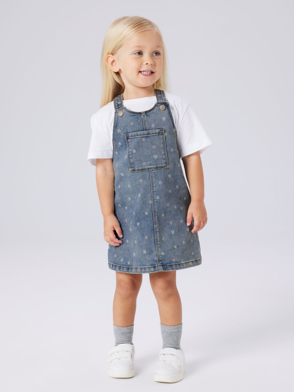 Name It Rosa Short Denim Bibskirt NOOS - Medium Blue Denim/Flower