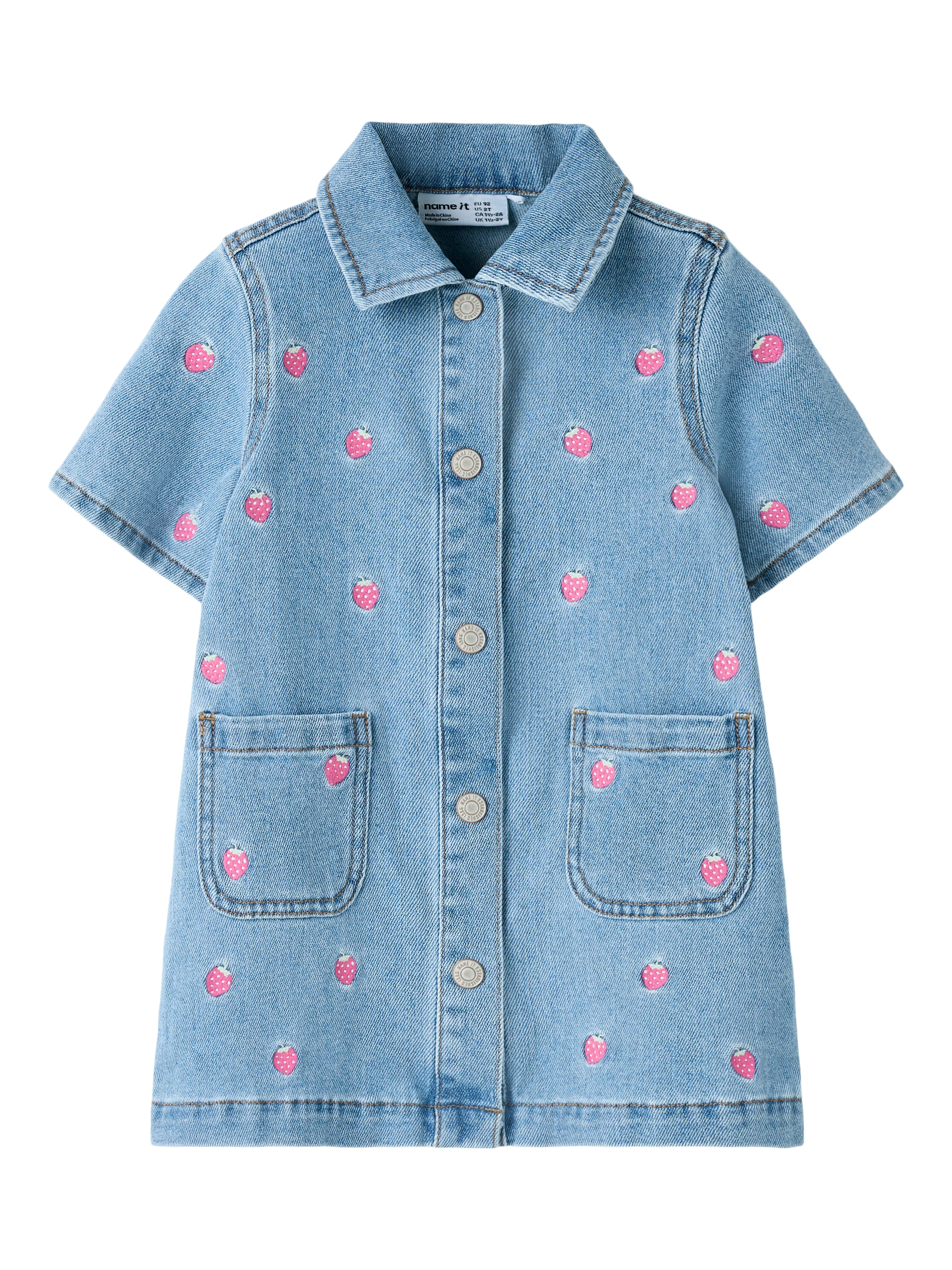 Name It Laila - SS Emb Dress - Light Blue Denim/Strawberry