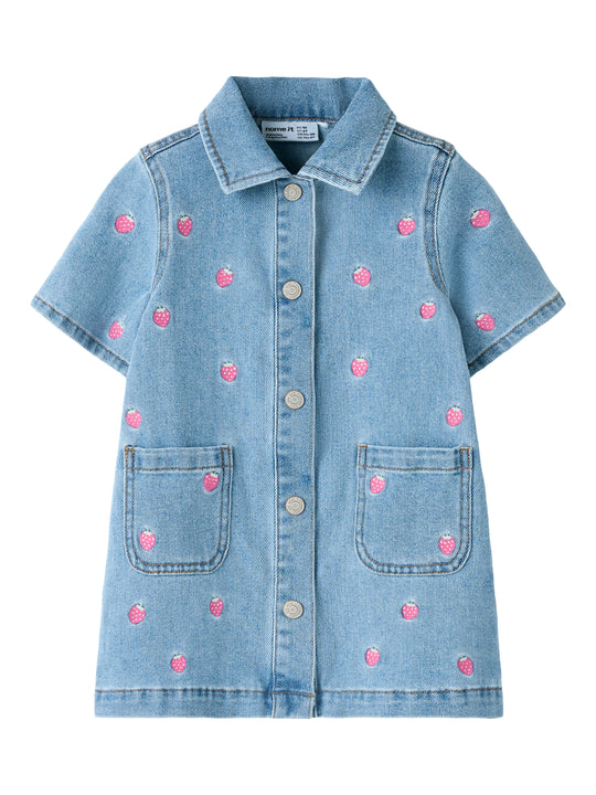 Name It Laila - SS Emb Dress - Light Blue Denim/Strawberry
