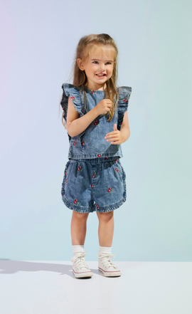Only Mini Dandy Frill Cherry Top - Medium Blue Denim