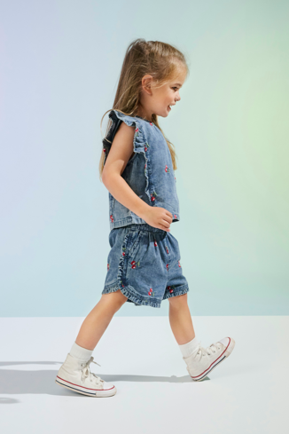 Only Mini Dandy Cherry Frill Denim Shorts - Medium Blue Denim
