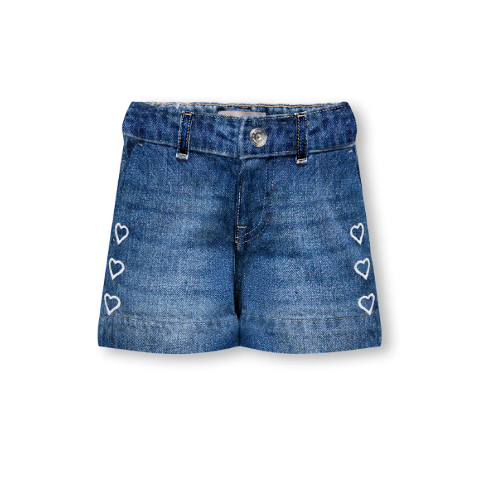 Only Mini Comet Heart Wide Denim Shorts - Medium Blue Denim/Heart