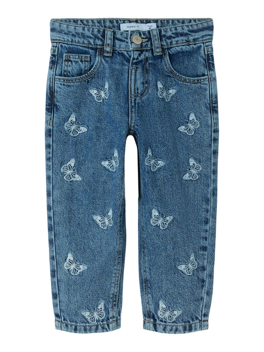 Name It Bella Mom Jeans - Medium Blue Denim/Butterfly