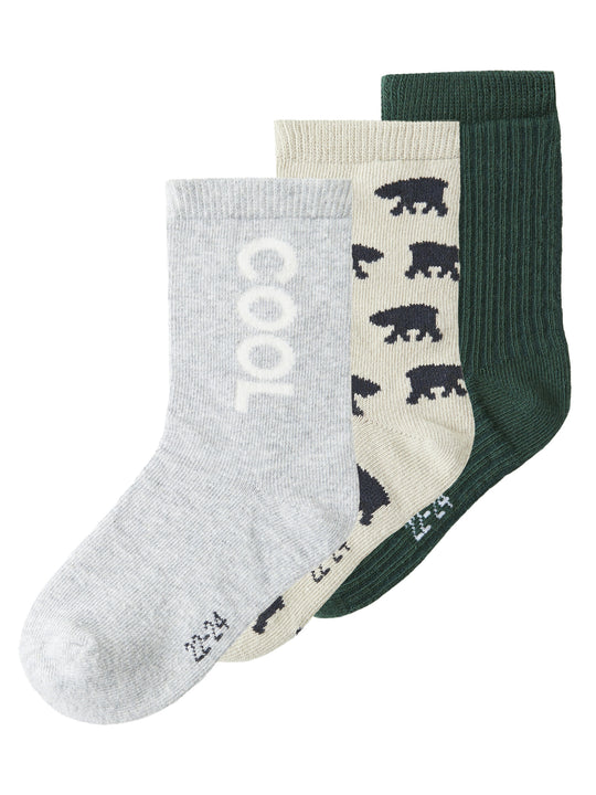 Name It Kosy 3 pack strømper - Pure Cashmere/Grey Melange/Pine Grove