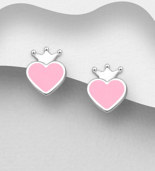 Ørestikker Sølv Hjerte med krone - Lyserød