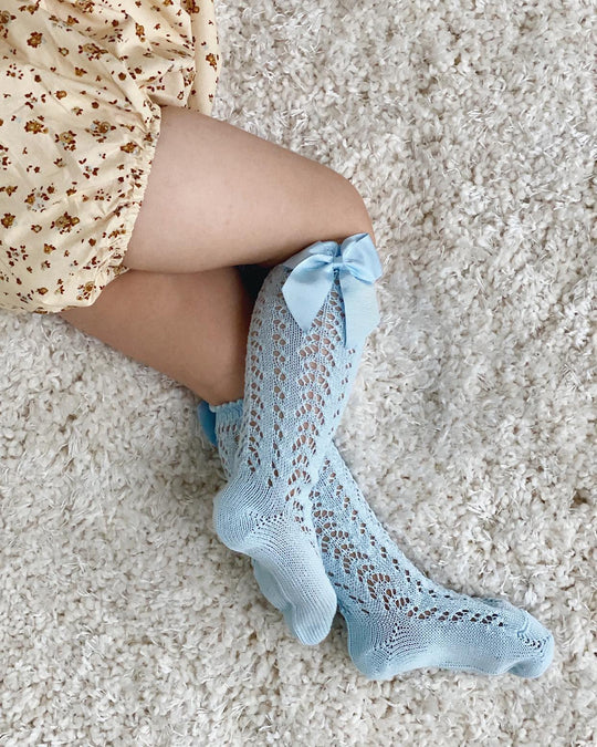 Condor Knæstrømper med Hulmønster & Sløjfe Lyseblå